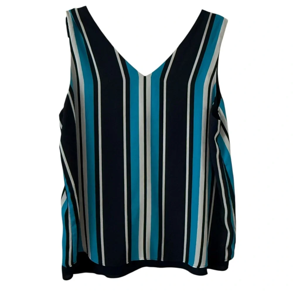 Ann Taylor Factory Large Blue Black White Striped Double Layered V-Neck Tank Top - Picture 3 of 4